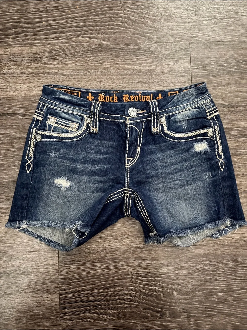 Rock Revival Mina Dark Wash Distressed Denim Shorts